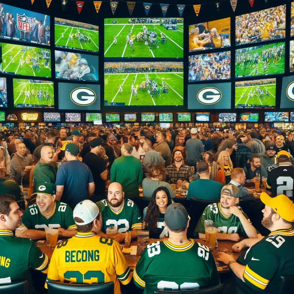 It depicts a vibrant scene at a sports betting venue during a Packers game, capturing the excitement and communal spirit among the fans.