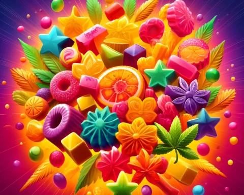 a vibrant and appealing display of the gummies in various shapes and colors, perfectly capturing their enticing variety and appeal