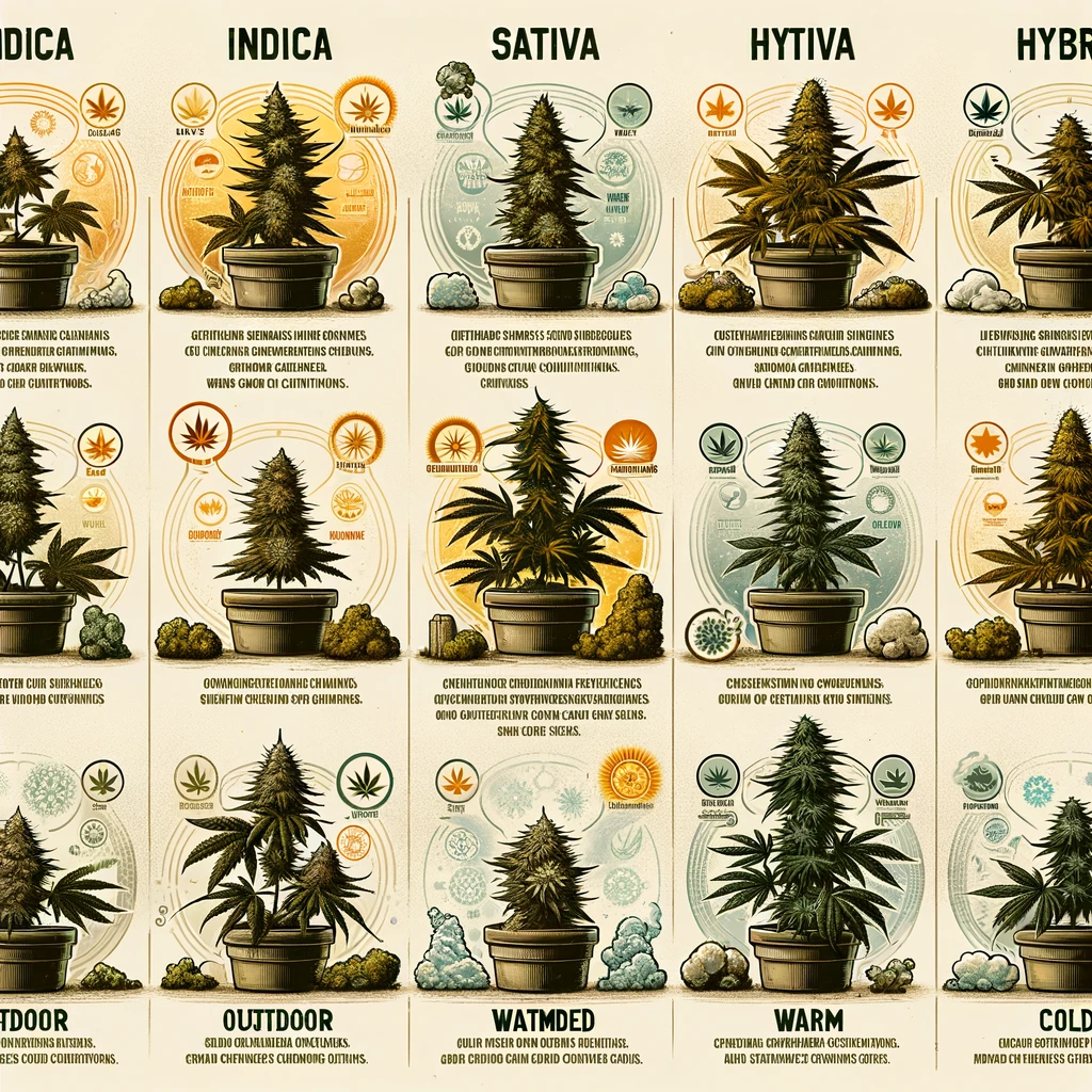 a detailed infographic that illustrates the optimal strains for different growing conditions, using a natural and earthy color scheme to reflect the organic nature of cannabis cultivation.