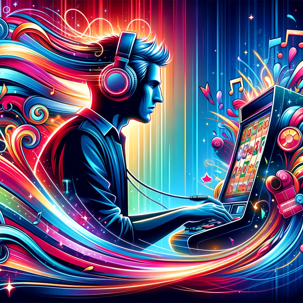 a dynamic and vibrant illustration of a person playing online slots, fully immersed in the game with headphones on.
