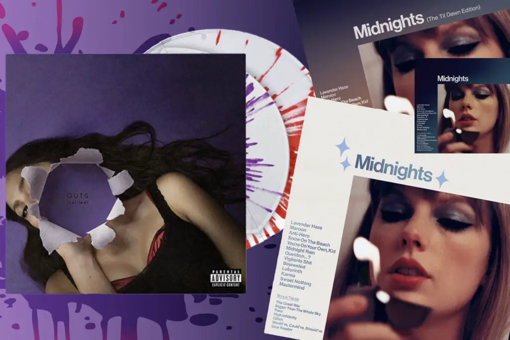 Against a purple background, a pile of Taylor Swift's "Midnights" are stacked next to a copy of Olivia Rodrigo's "Guts" served on a platter. Ms. Rodrigo's face has blown out, leaving splatters of purple and red across the white porcelain dish and the background. Within the tattered hole, the title is engraved on the purple back cover.