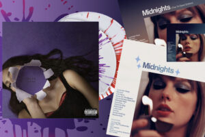 Against a purple background, a pile of Taylor Swift's "Midnights" are stacked next to a copy of Olivia Rodrigo's "Guts" served on a platter. Ms. Rodrigo's face has blown out, leaving splatters of purple and red across the white porcelain dish and the background. Within the tattered hole, the title is engraved on the purple back cover.