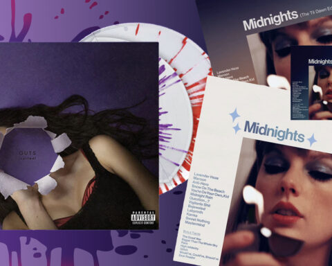 Against a purple background, a pile of Taylor Swift's "Midnights" are stacked next to a copy of Olivia Rodrigo's "Guts" served on a platter. Ms. Rodrigo's face has blown out, leaving splatters of purple and red across the white porcelain dish and the background. Within the tattered hole, the title is engraved on the purple back cover.