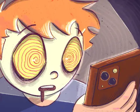 A young man with a blue shirt and orange hair stares, nay, is transfixed by smartphone. His eyes swirl in a whirling pool of red and yellow, drool crawling down his chin as the phone's light shines brightly in his face, contrasting against the dark purple background.