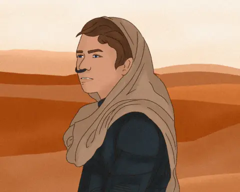 A figure with brown hair and blue hair stands still in a black suit, a brown cloth wrapped around their head, gazing stoically into the distance. Rows of sand dunes roll like waves into the pale background, looking almost as if they are undulating, hinting at the infinite space which lies beyond this single figure.