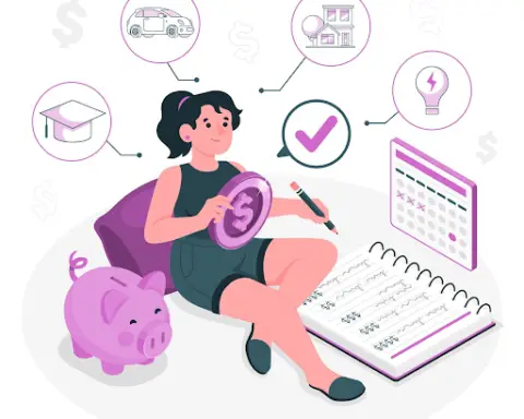 Graphic of woman on couch with dollar sign in her hand.