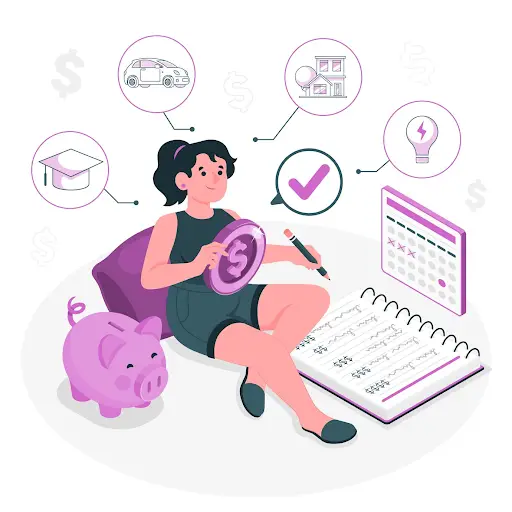 Graphic of woman on couch with dollar sign in her hand.