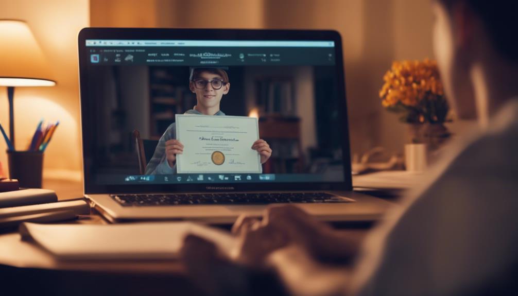 Boy holding a certificate on a computer screen