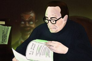 A writer in a black sweater with square, rimmed glasses peers over his latest manuscript, glowing with a nefarious green light. In the faded background, a puppet sits and stares at him with an enthusiastic look on its face, twisted in the disturbing tone which belies only the most horrible fantasies.