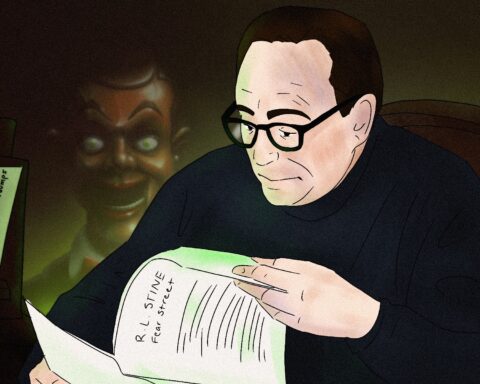 A writer in a black sweater with square, rimmed glasses peers over his latest manuscript, glowing with a nefarious green light. In the faded background, a puppet sits and stares at him with an enthusiastic look on its face, twisted in the disturbing tone which belies only the most horrible fantasies.