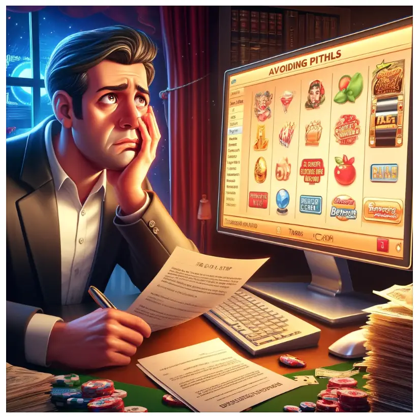 . The image illustrates a player making a critical mistake by ignoring the fine print in the terms and conditions of a casino bonus. Feel free to click on the image to view and use it for your blog post.