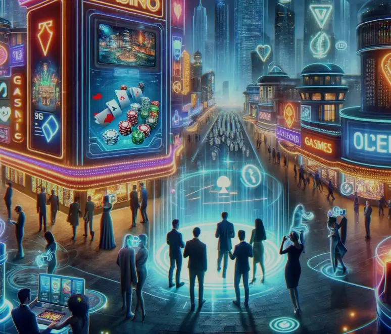 It features a futuristic cityscape with neon signs and people engaging in various online gambling activities using holographic displays and VR headsets. Feel free to use it for your blog!