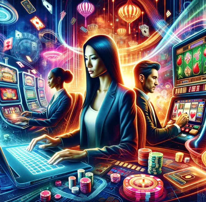 The image represents the vibrant and exciting world of online casino gaming, featuring a diverse group of people engaging in various casino activities.