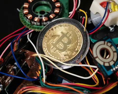 Gold Bitcoin with wires around it