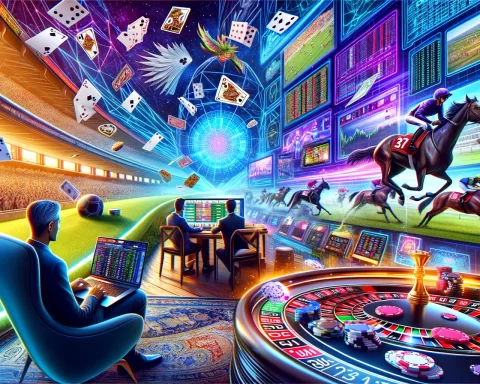 Here is the image created for your blog post about the exciting world of online betting. It features a variety of betting activities such as sports betting, casino games, horse race betting, and esports betting.