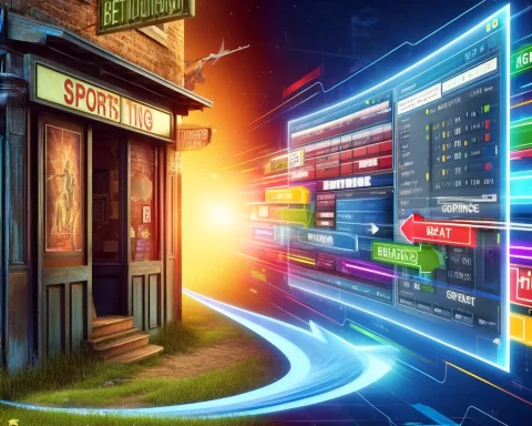 Here is the graphic representing the evolution of sports betting, depicting the shift from traditional brick-and-mortar betting offices to modern online betting platforms.
