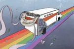 A white U HAUL truck with a red line struck through it and a blue bush drawn on it races across a rainbow, heading to who-knows-where. Pink silk streamers floats off the ends of a pink bouquet placed above a banner with "Just Hitched" written on it in black ink. The streamers flutter in the air against a grey background, implying the speed at which the vehicle must be racing.