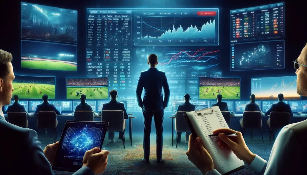 Here is the image depicting a professional sports betting setup with multiple screens showing live sports events and betting odds.