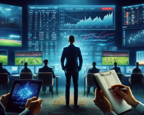 Here is the image depicting a professional sports betting setup with multiple screens showing live sports events and betting odds.