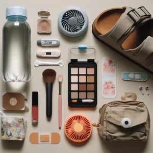 Here's an image displaying a collection of essential items for a busy day. You can see items like a water bottle, makeup kit, oil blotting sheets, portable fan, Band-Aids, and comfortable shoes arranged neatly.