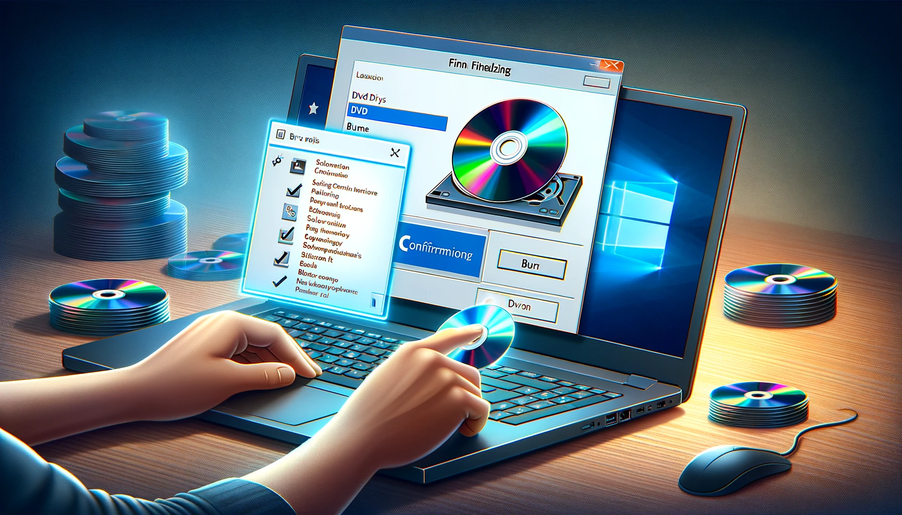The image illustrating the process of finalizing a DVD on a Windows 10 laptop has been created