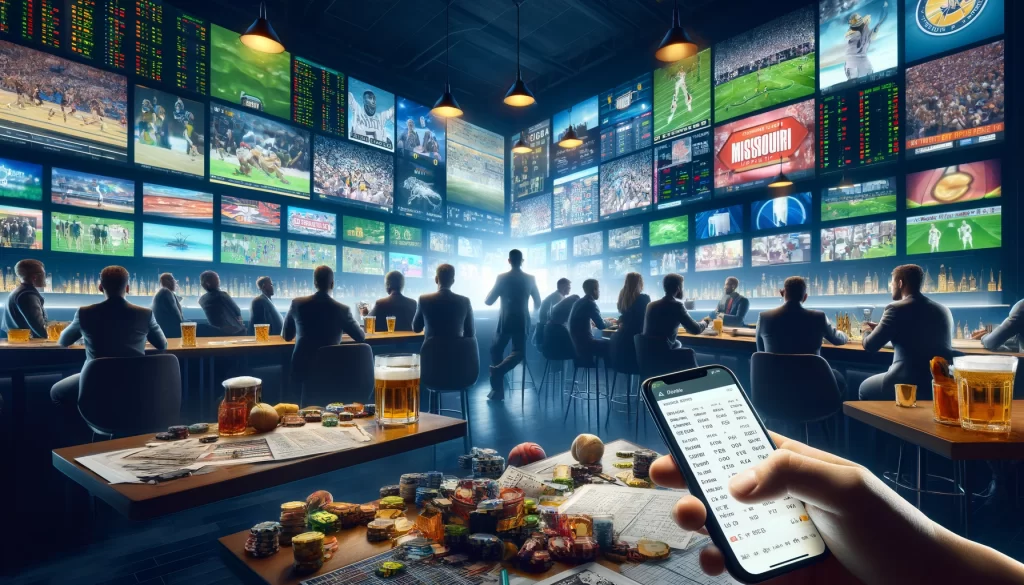 Here is the image depicting a dynamic sports betting environment in a sophisticated sports bar in Missouri.