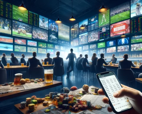 Here is the image depicting a dynamic sports betting environment in a sophisticated sports bar in Missouri.