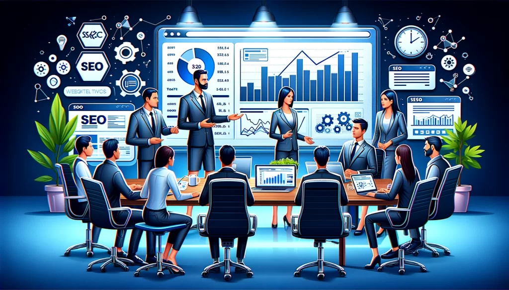 The image depicting a professional setting where a digital marketing team is analyzing SEO data has been created.