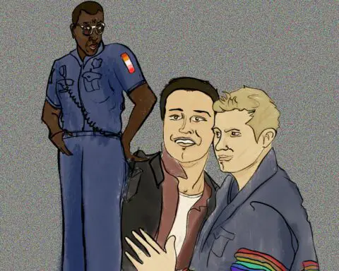 Three figures stand in differing proportions against each other, a full figured black woman on the left and two white men shown from the waist up. The woman towers over the men in her blue uniform, a smirk on her face and smiles on the men's, one brunette, one blonde, one in a similar uniform to the woman, the other in a brown leather coat. They are all placed in front of a grainy, gray background.