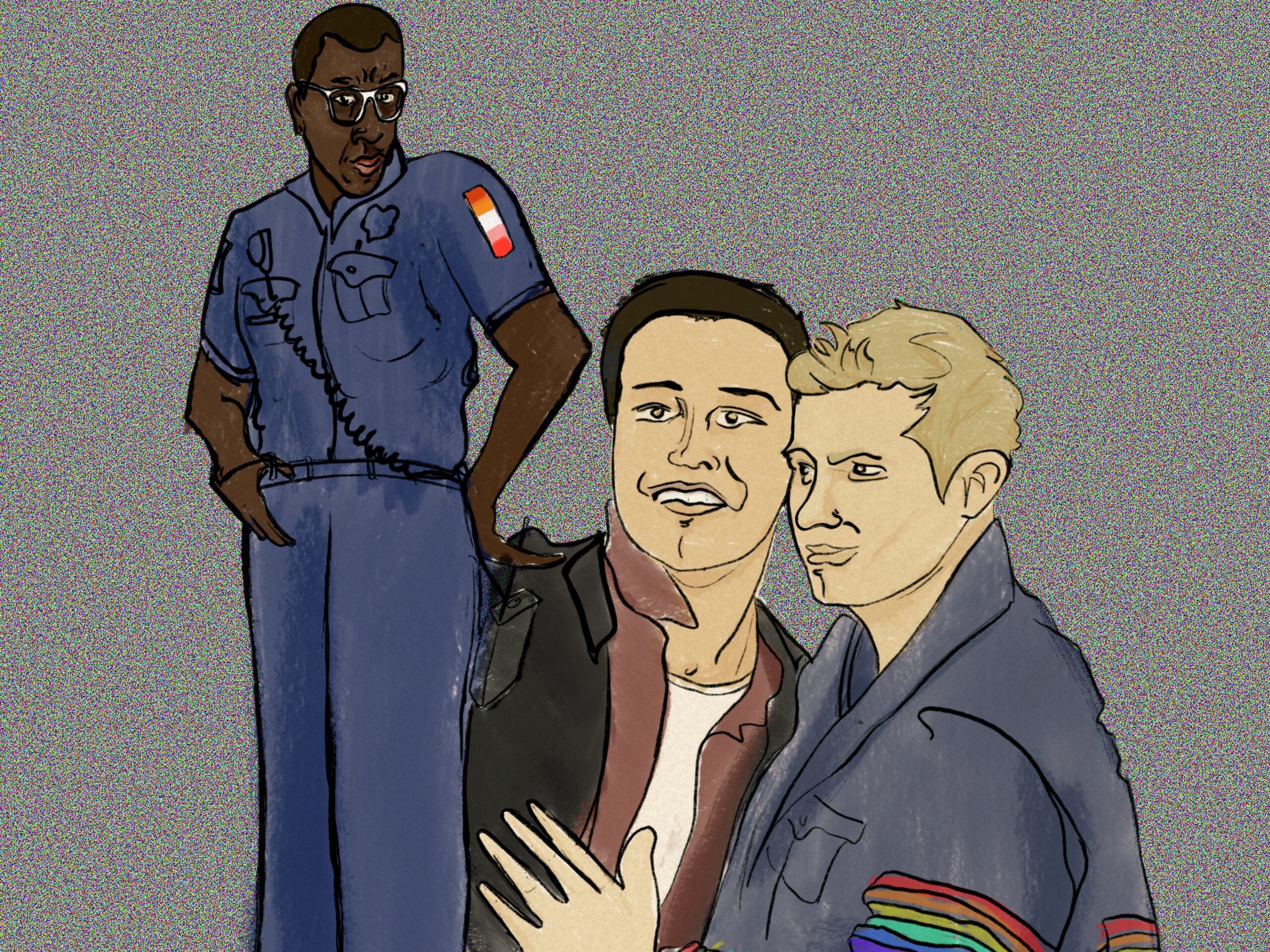 Three figures stand in differing proportions against each other, a full figured black woman on the left and two white men shown from the waist up. The woman towers over the men in her blue uniform, a smirk on her face and smiles on the men's, one brunette, one blonde, one in a similar uniform to the woman, the other in a brown leather coat. They are all placed in front of a grainy, gray background.