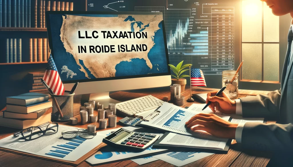 Here is the image depicting a professional setting with a person reviewing financial documents related to LLC taxation in Rhode Island.