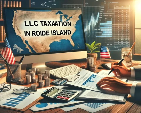 Here is the image depicting a professional setting with a person reviewing financial documents related to LLC taxation in Rhode Island.