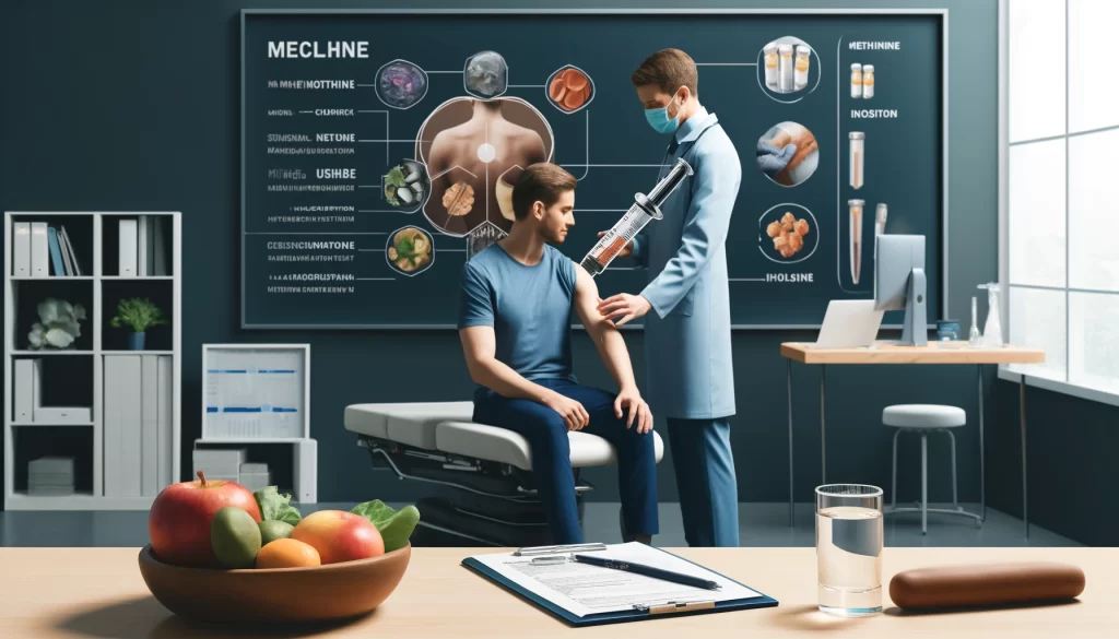 image depicting a wellness clinic setting with a professional administering a MIC shot to a patient.