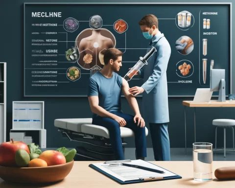 image depicting a wellness clinic setting with a professional administering a MIC shot to a patient.