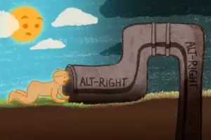 A yellow boy stares down a pipeline with an innocent smile on his face, eager to explore; the pipeline looks old, and grey, and rusty, the phrase "alt-right" looking almost scratched into the metal. The sun looks down with a concerned face from a clear blue sky, as white clouds give way to a dark storm front.