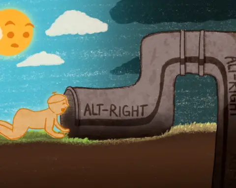 A yellow boy stares down a pipeline with an innocent smile on his face, eager to explore; the pipeline looks old, and grey, and rusty, the phrase "alt-right" looking almost scratched into the metal. The sun looks down with a concerned face from a clear blue sky, as white clouds give way to a dark storm front.