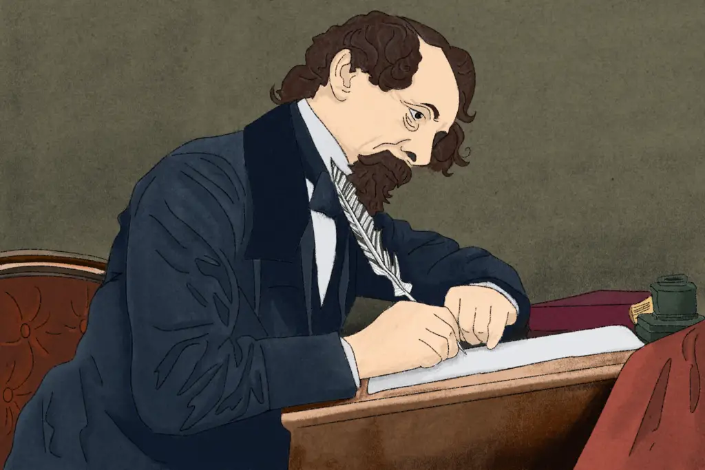 A balding man with brown hair and beard in a black seat sits in a brown chair at a desk in front of grey-green background. He is writing intently on a crisp sheet of paper, quill in hand, inkwell before him, maroon book to his side, as be brings his story to life.