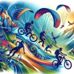 a dynamic illustration of various activities like mountain biking, rock climbing, and paragliding, highlighted with visual elements that symbolize mental health benefits such as focus and resilience.