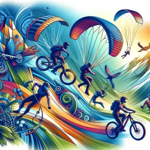 a dynamic illustration of various activities like mountain biking, rock climbing, and paragliding, highlighted with visual elements that symbolize mental health benefits such as focus and resilience.