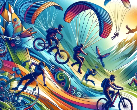 a dynamic illustration of various activities like mountain biking, rock climbing, and paragliding, highlighted with visual elements that symbolize mental health benefits such as focus and resilience.