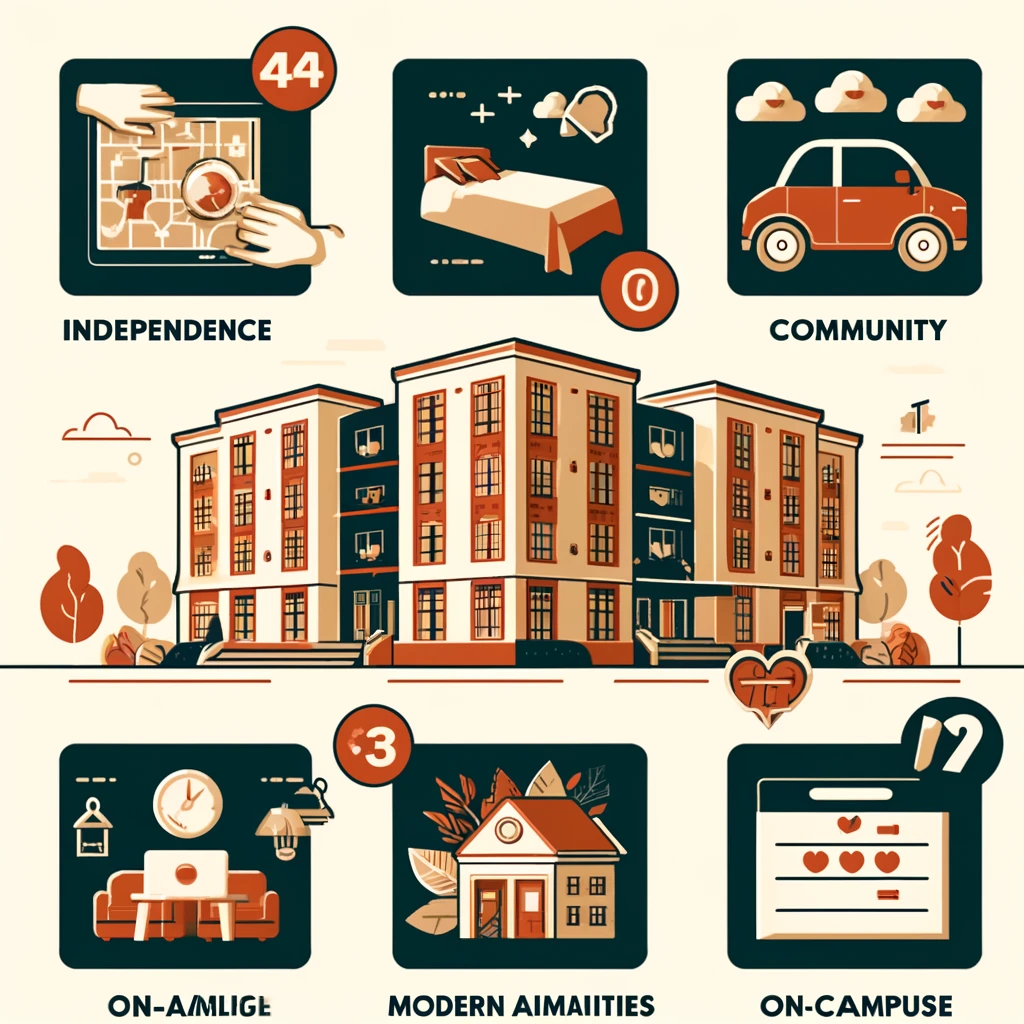 a stylish and informative infographic that highlights key aspects such as independence, community, modern amenities, and on-campus convenience.
