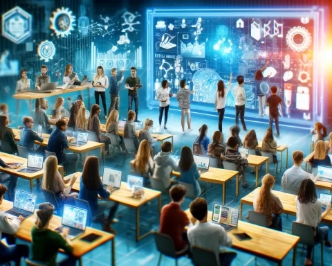 This visual represents a diverse group of students engaged in a high-tech classroom setting.