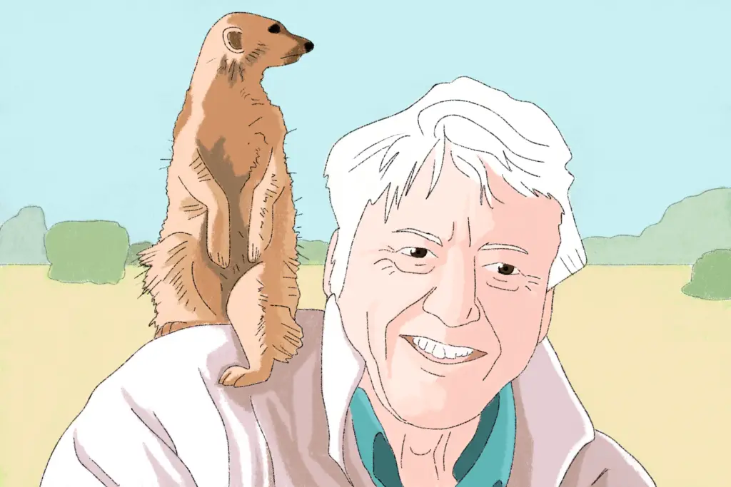 David Attenborough with prairie dog on shoulder.