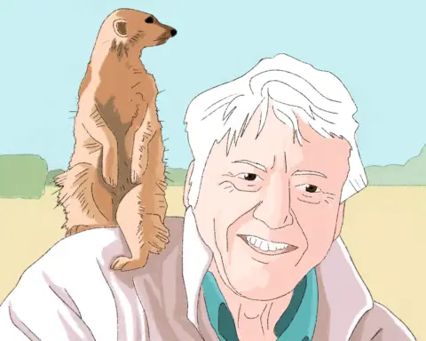 David Attenborough with prairie dog on shoulder.