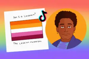 "Am I a Lesbian?" on paper next to TikTok logo.