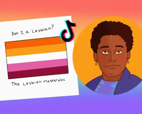 "Am I a Lesbian?" on paper next to TikTok logo.