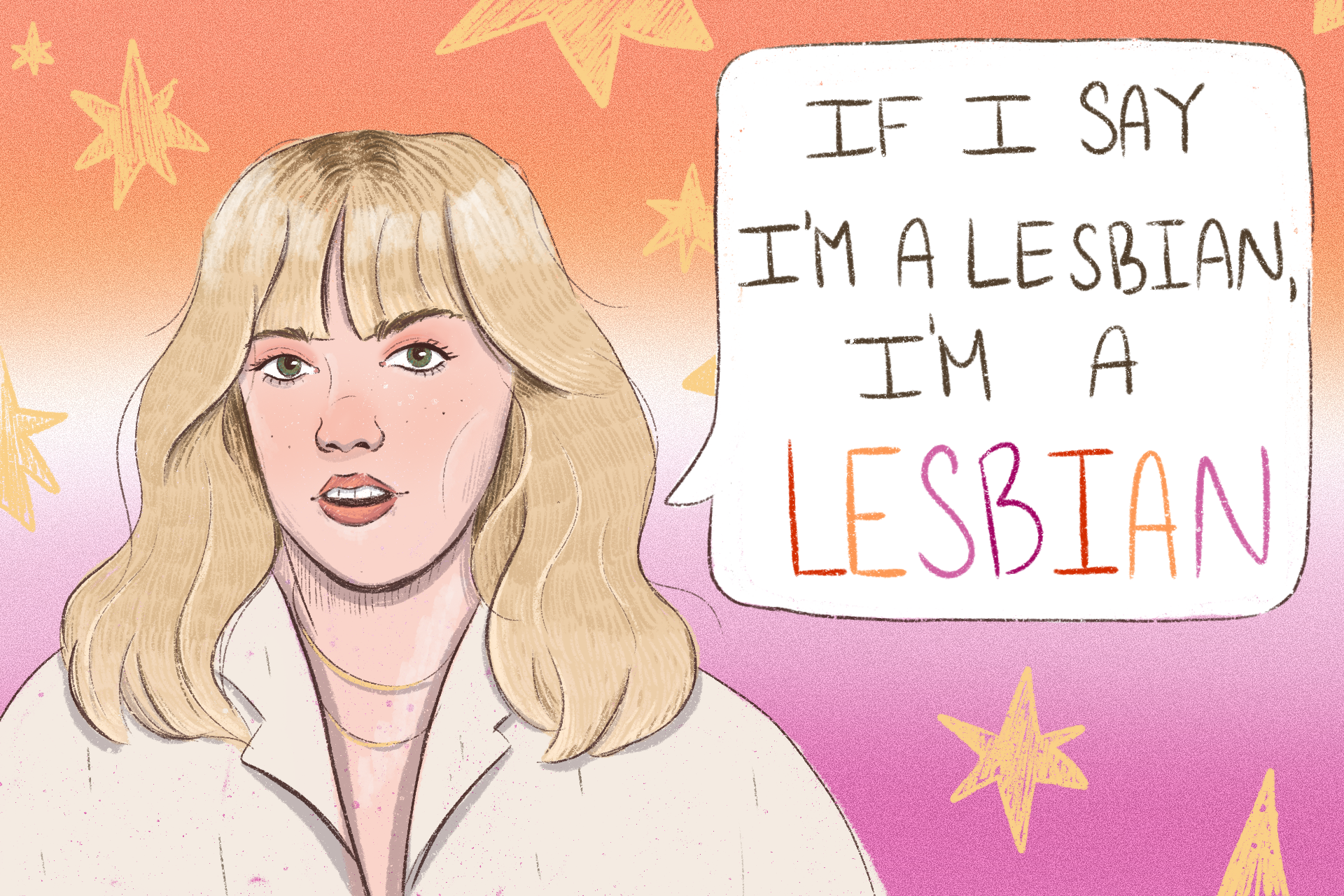 A woman with blond hair and a white coat stands in from of a background coated in foggy textures of orange, white and pink. The background is dotted with orange stars, and to the woman's right hangs a speech bubble, containing letters that look scribbled in pencil-mark black, except for the bottom word, which is boldly highlighted in the colors of the background.