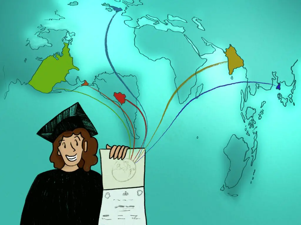 Student in front of a map with degree.