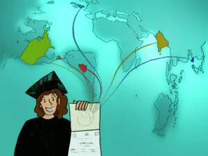 Student in front of a map with degree.