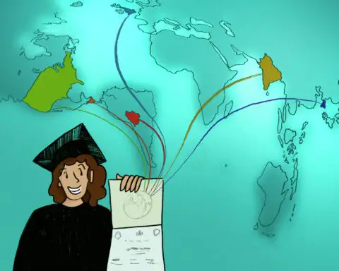 Student in front of a map with degree.